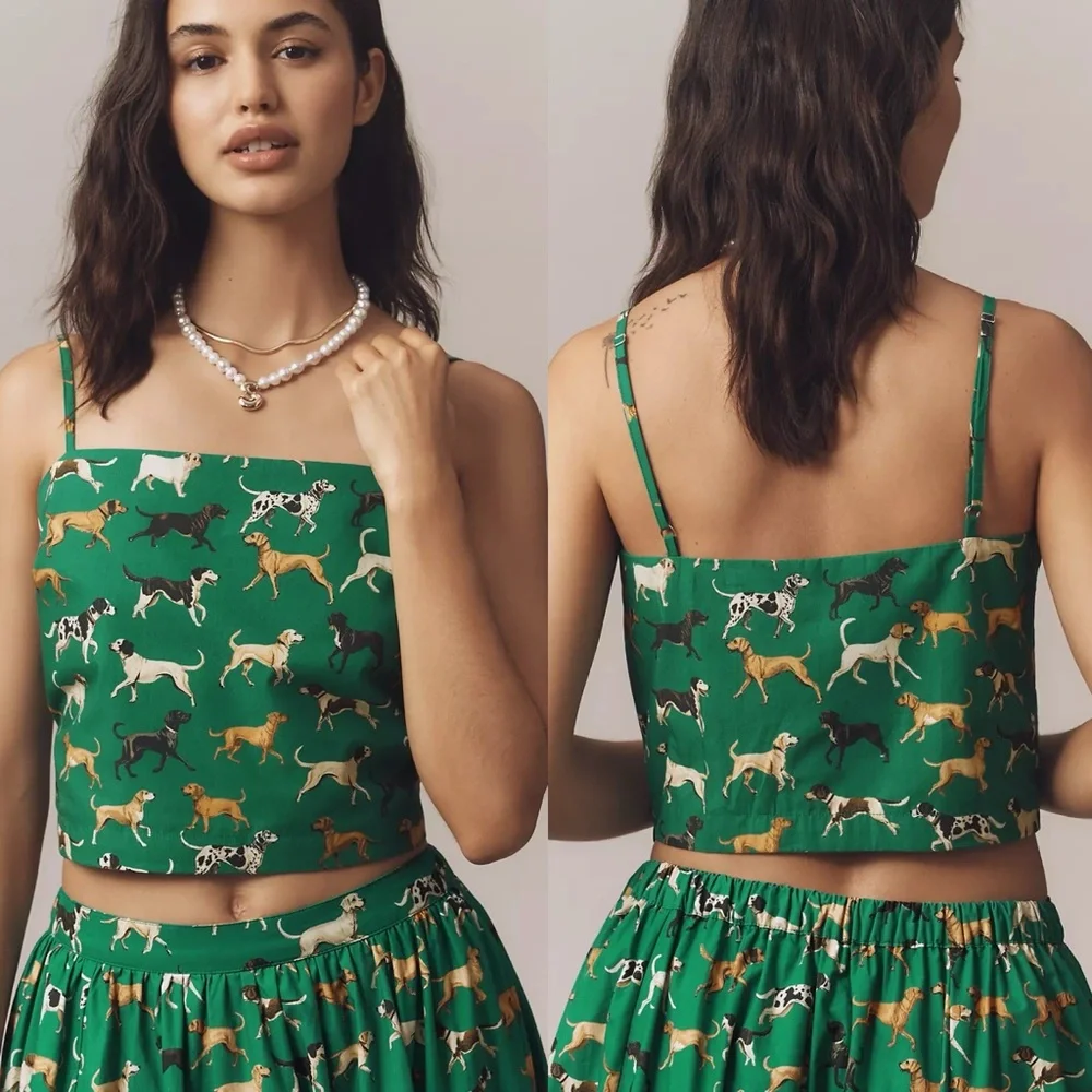 Anthropologie Maeve Straight-Neck Crop Tank Green Dog Print - Picture 7 of 7